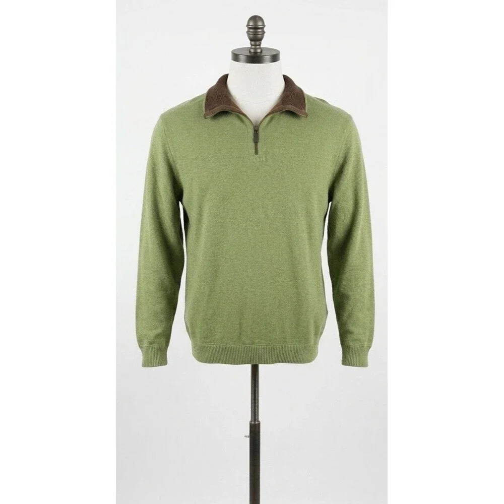 Alan Flusser Mens XL Reversible 1/4 Zip Pullover Sweater Green Brown Cotton